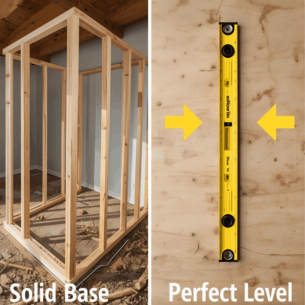 Building 2x4 base and checking level on a shuffleboard table for accurate play.