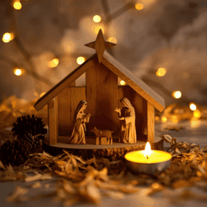 “Handmade wooden nativity set on a rustic table with soft lighting”