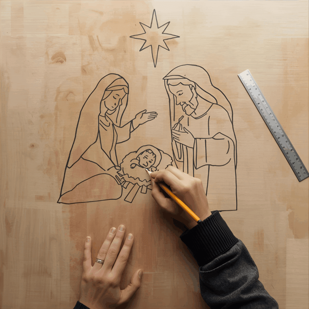 “Tracing nativity figure outlines onto plywood before cutting”