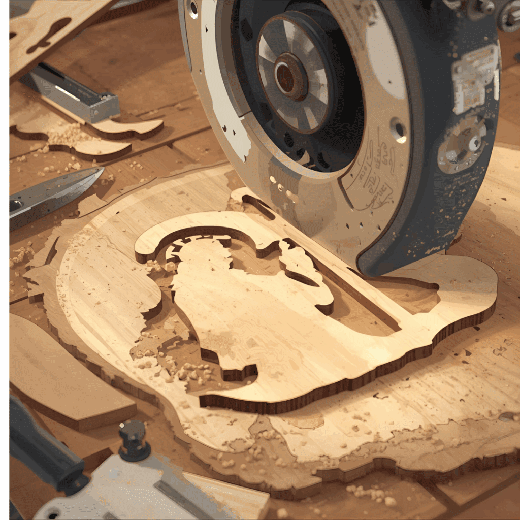 “Scroll saw cutting wooden nativity figures from birch plywood”