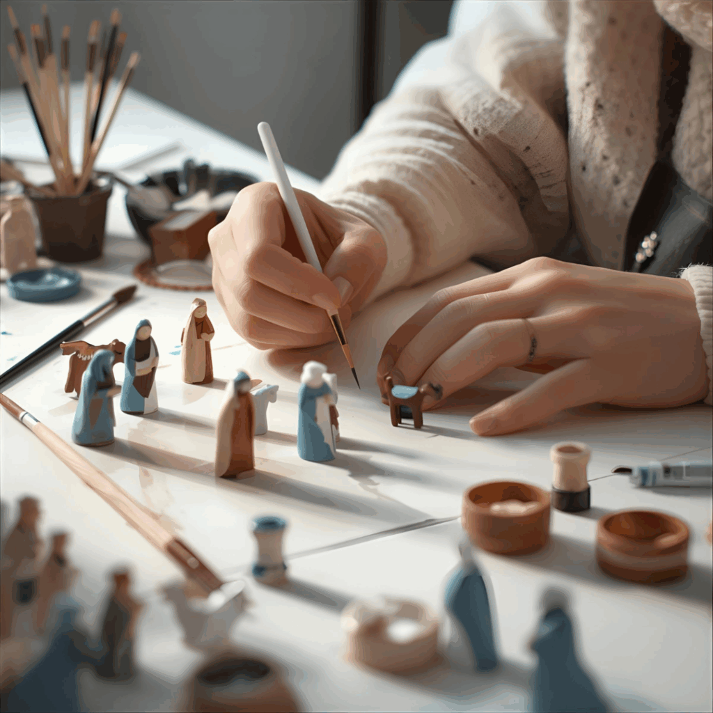 “Painting wooden nativity figures with acrylic paints in earth tones”