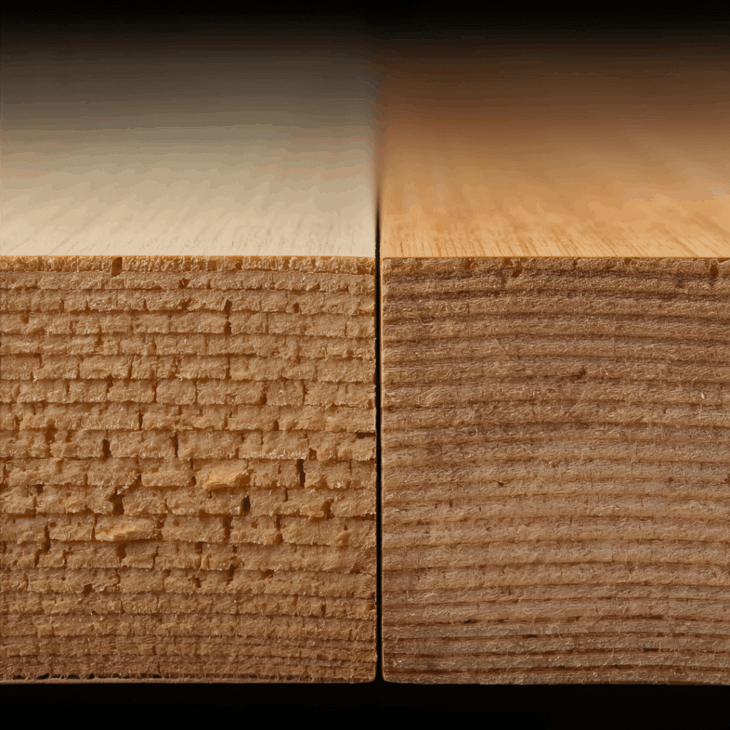 “Cross-section showing Baltic Birch’s multiple birch veneers beside Luan’s 3-ply construction”