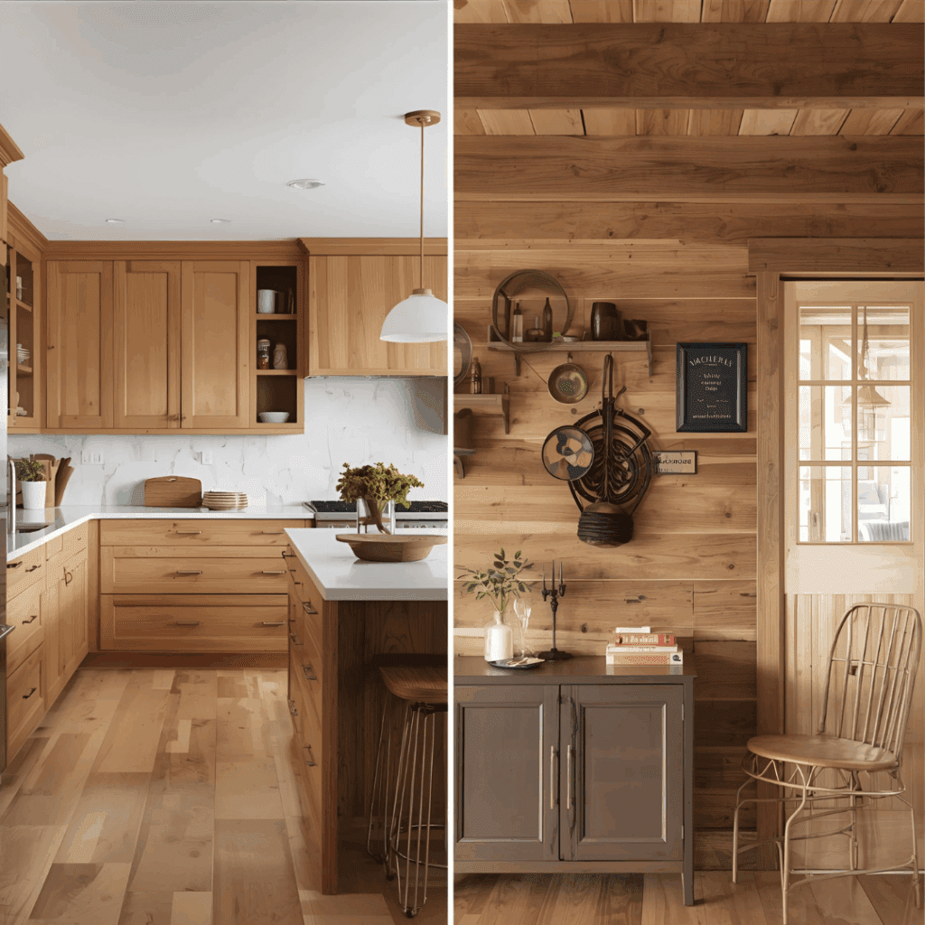 “Modern birch cabinet and rustic Luan wall panel displayed side by side”