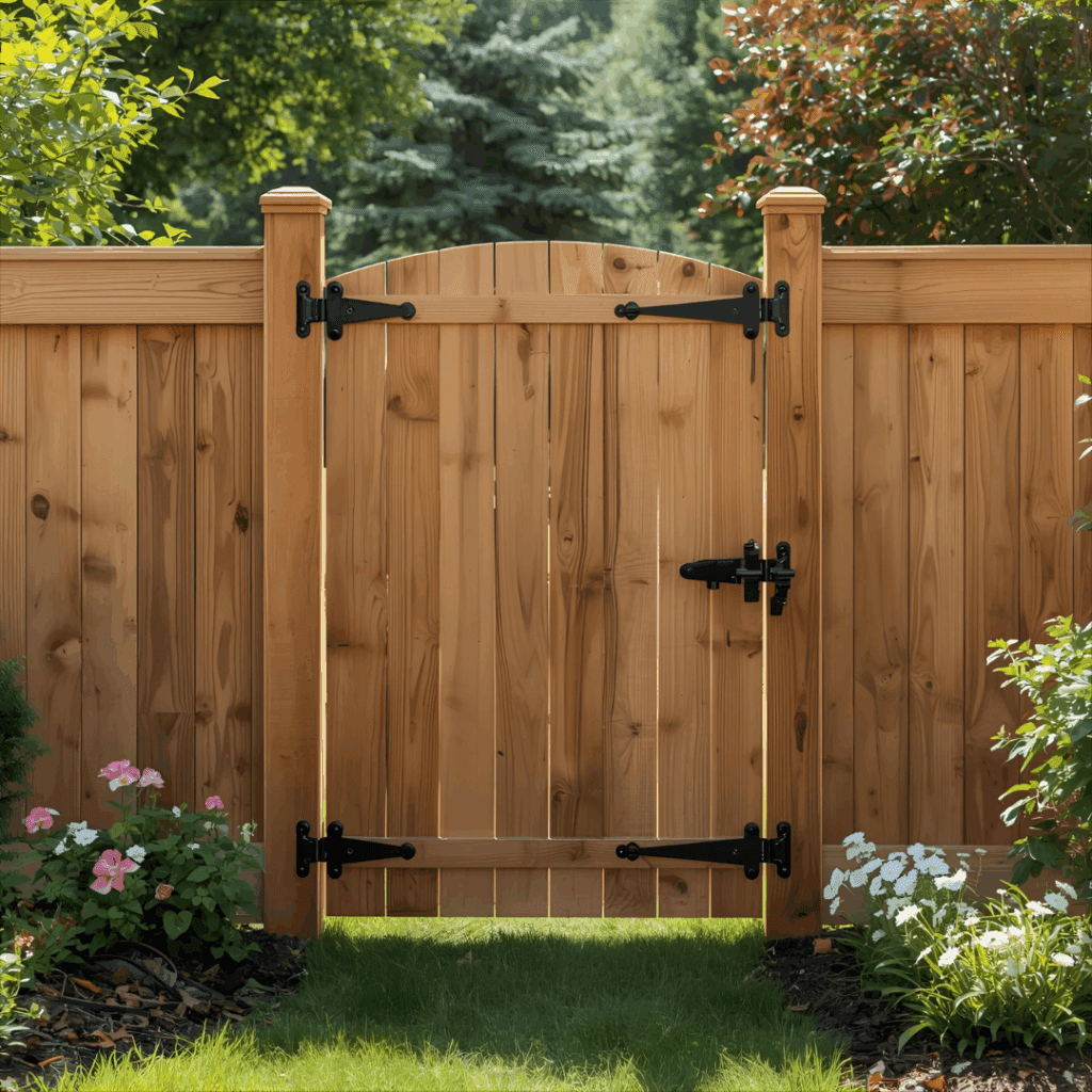 Handcrafted cedar garden gate with black hinges between wooden fence posts in a sunny garden