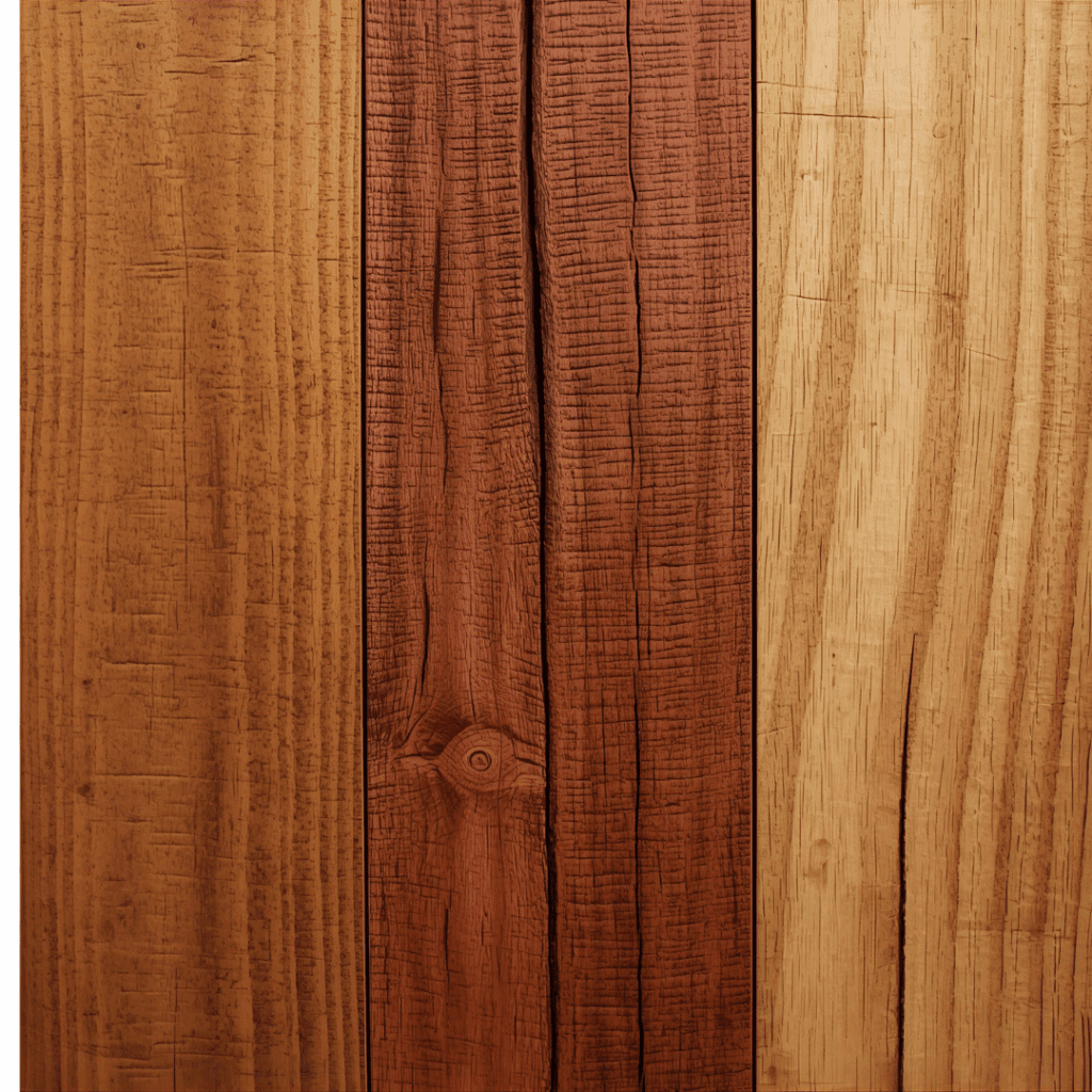 Cedar, redwood, and pine boards stacked side by side for garden gate construction