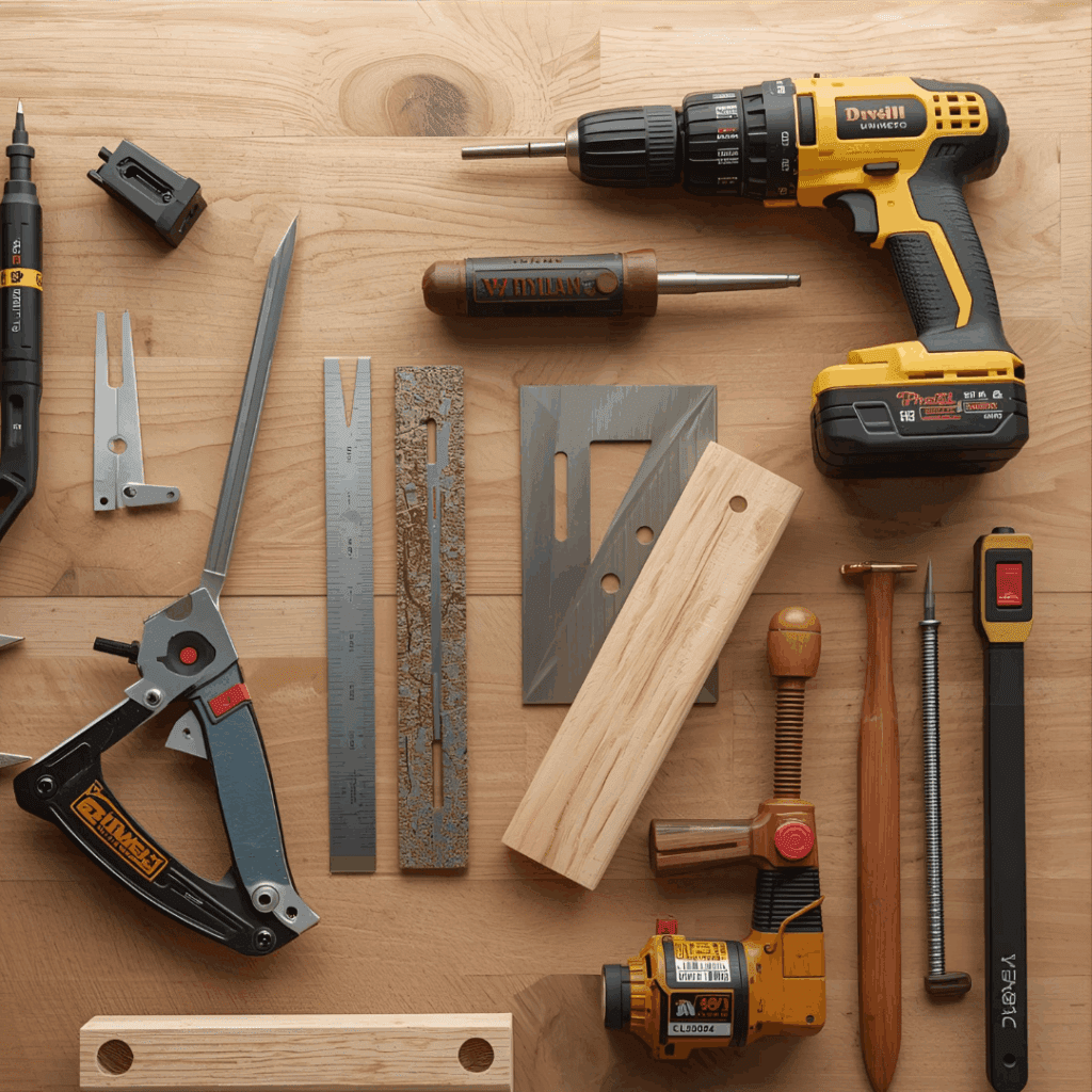 Woodworking tools arranged on a workbench for building a wooden garden gate