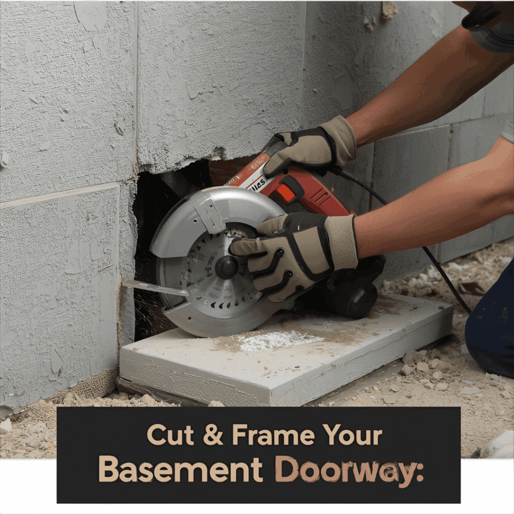 "contractor cutting concrete wall to install walkout basement steel door”