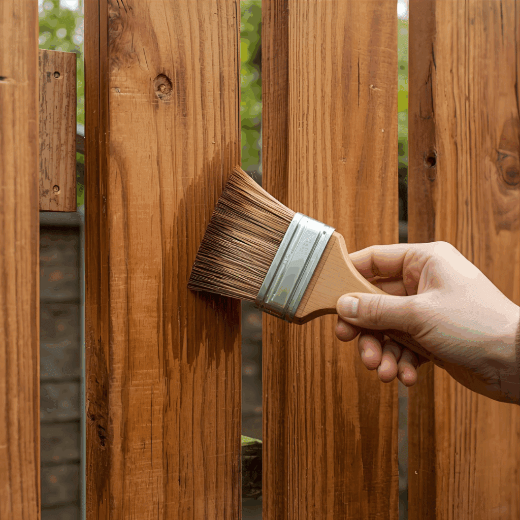 Applying exterior wood stain to a cedar garden gate with a paintbrush