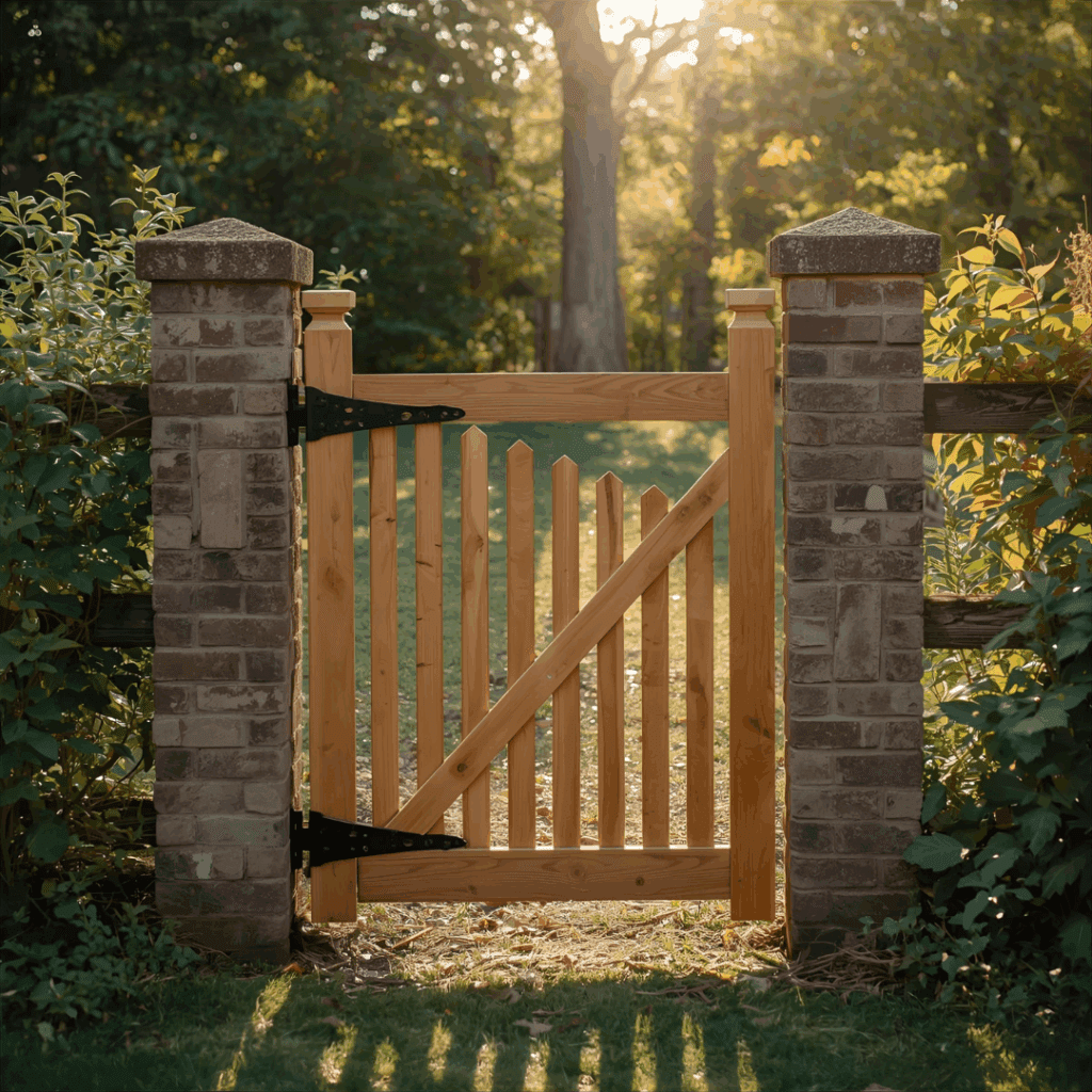 Finished wooden garden gate surrounded by flowers and sunlight