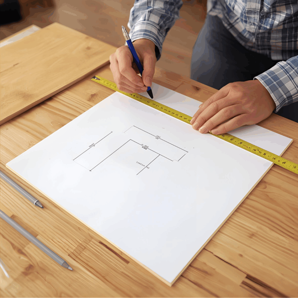 Hand drawing plywood desk plans on paper with tape measure and pencil on a workbench.