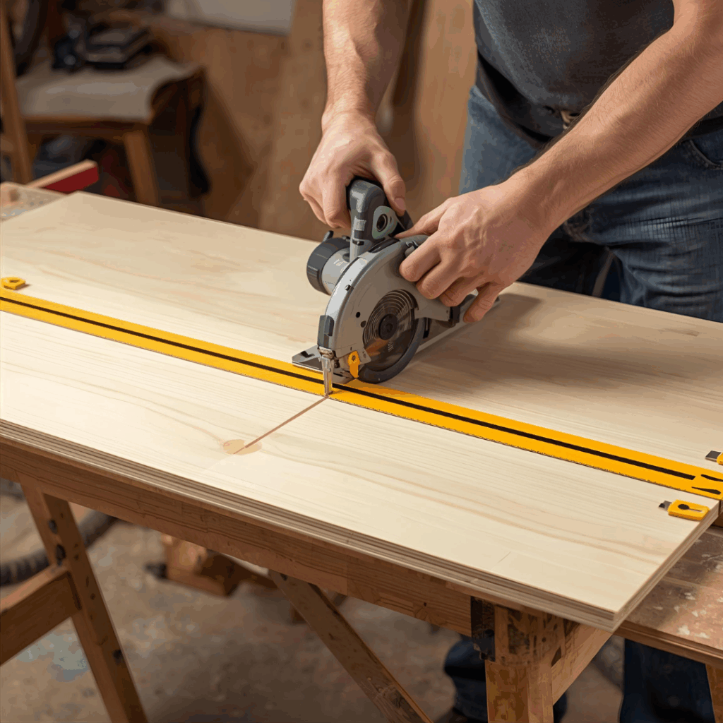 Cutting a birch plywood sheet using a circular saw on sawhorses with guide rail and safety glasses.