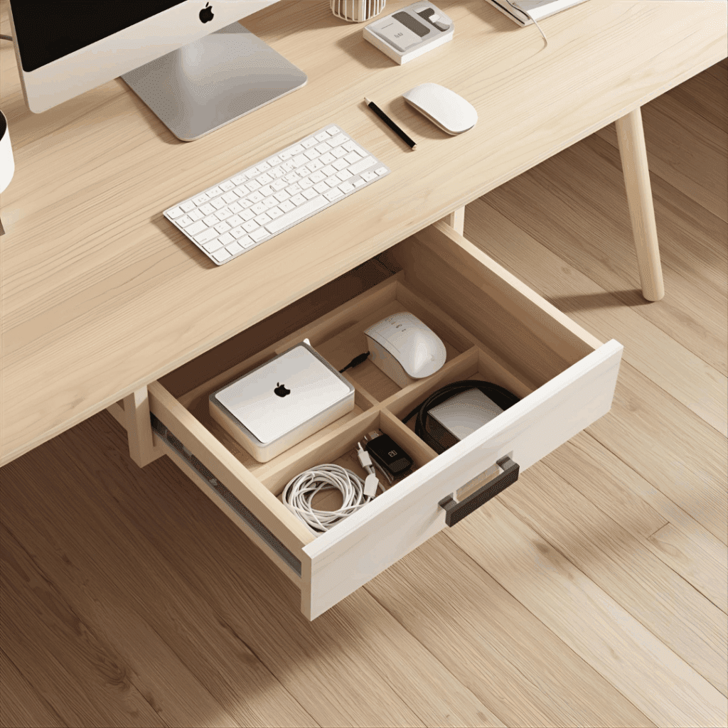 Installing a floating under-desk drawer under plywood desk with screws and cleats.