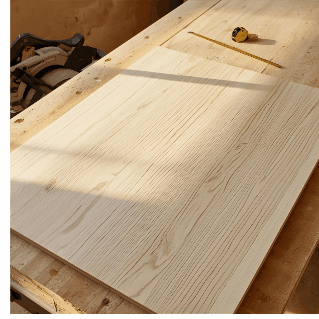 Sheet of pine plywood on a workbench with wood grain in focus