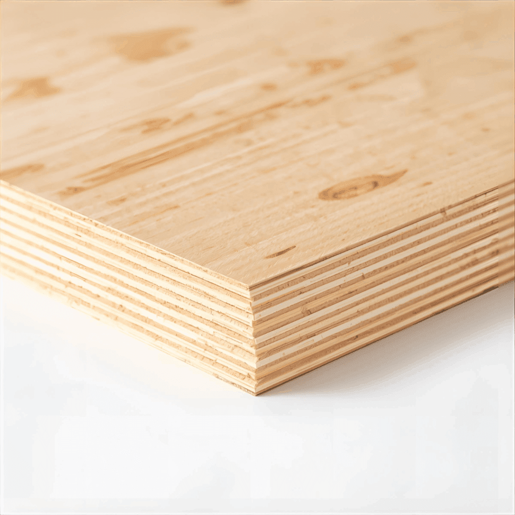 Cross-section of pine plywood showing multiple glued veneer layers
