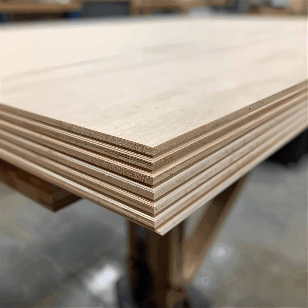 “Cross-section of cabinet grade plywood layers showing tight hardwood veneers and void-free core”