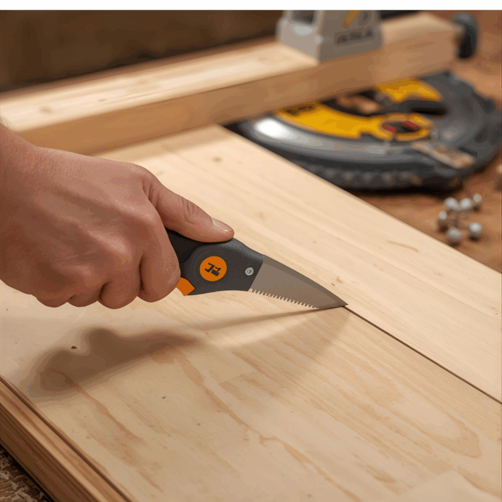 “Scoring cabinet grade plywood veneer with utility knife to prevent tear-out during cuts”