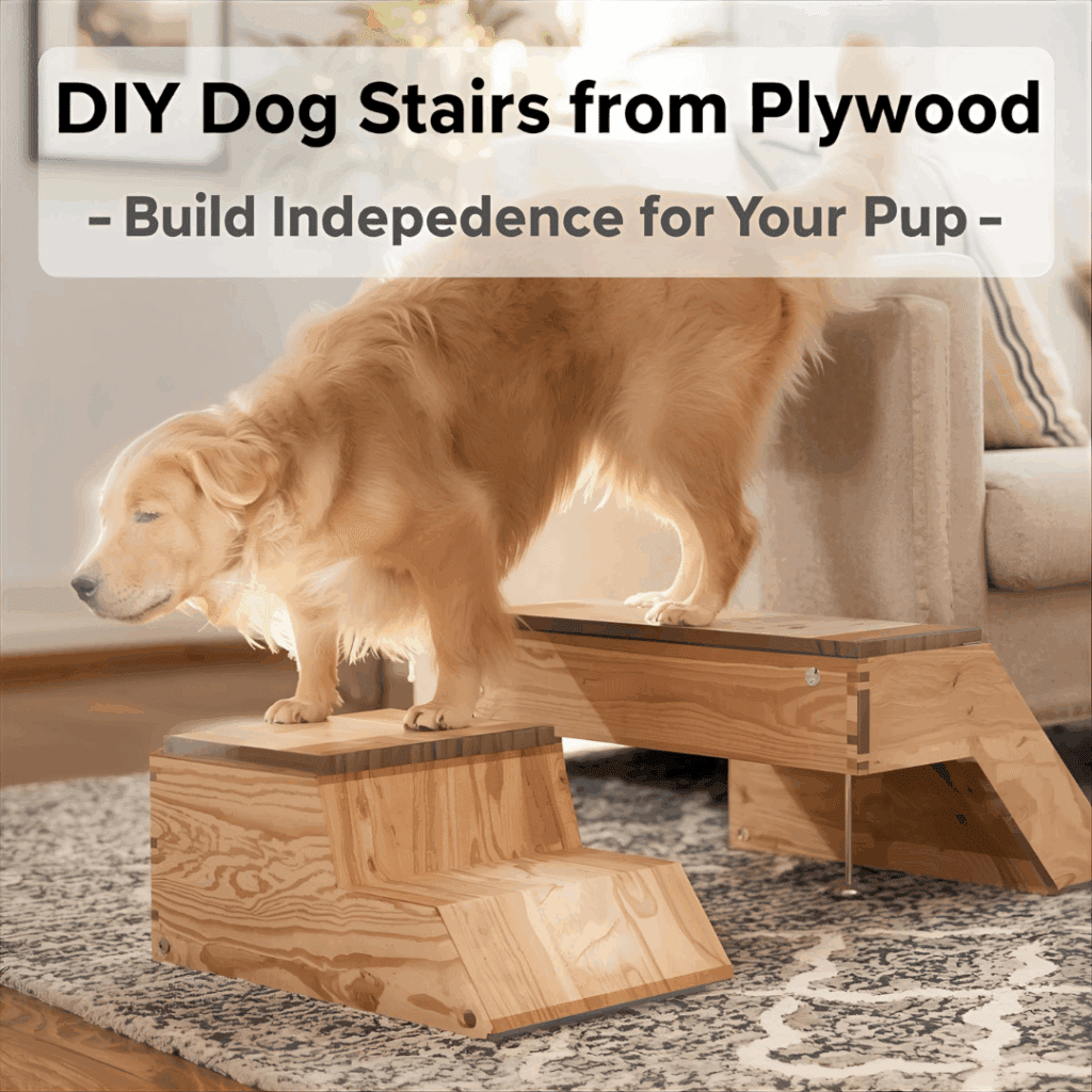 Golden retriever climbing homemade plywood dog stairs beside cozy living room couch