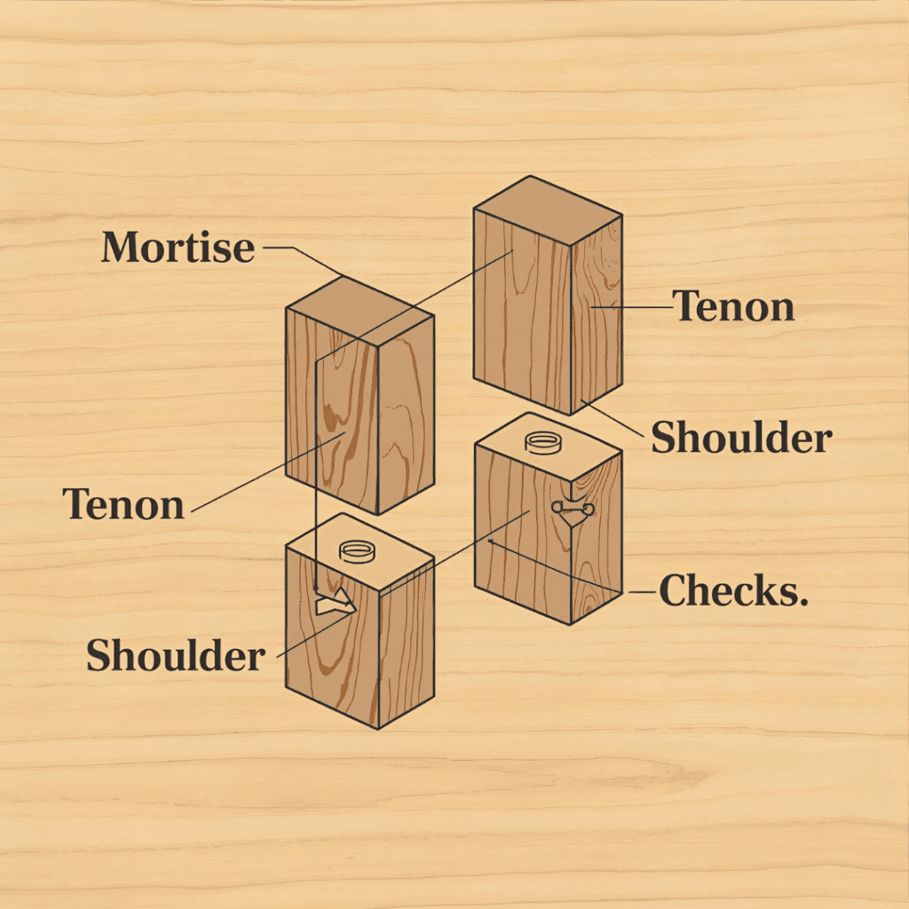 Labeled diagram showing mortise, tenon, shoulder, and cheeks of a mortise and tenon joint