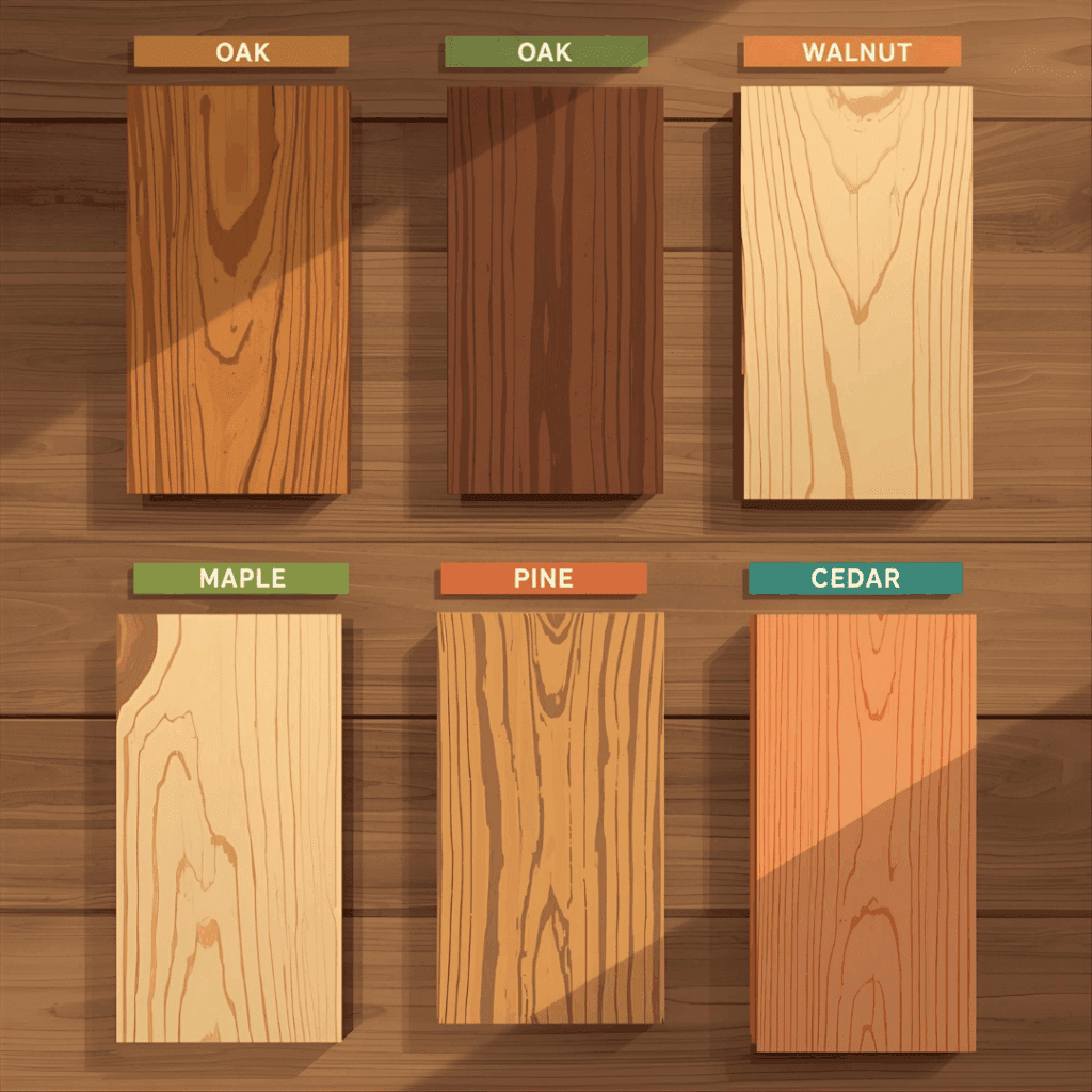âSamples of oak, walnut, maple, pine, and cedar boards displayed on a workbench labeled by nameâ