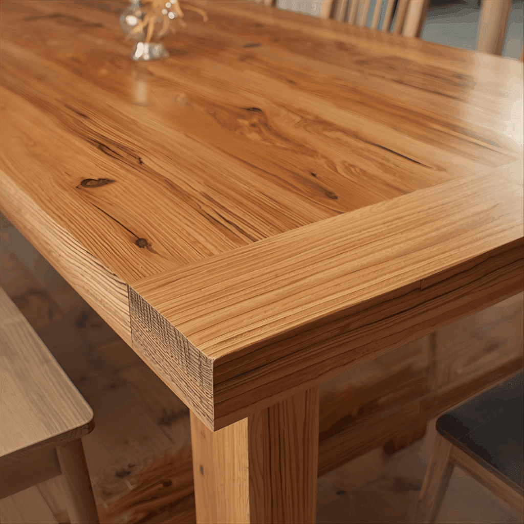 Solid oak dining table built with mortise and tenon joinery, natural finish, and smooth joints