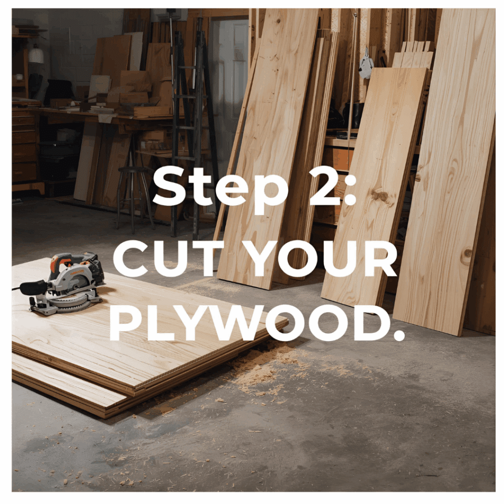 Person cutting plywood with circular saw on a workbench for dog stair project