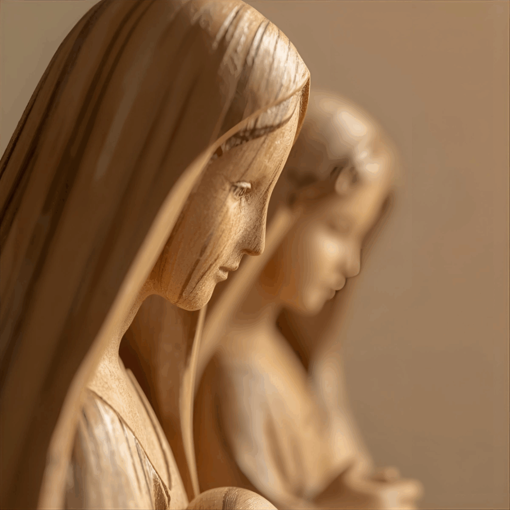 lose up of carved wooden nativity figurines showing wood grain