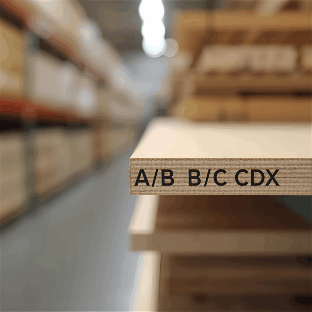 Close-up of plywood edge showing grade stamp (A/B, B/C, CDX) and manufacturer markings.