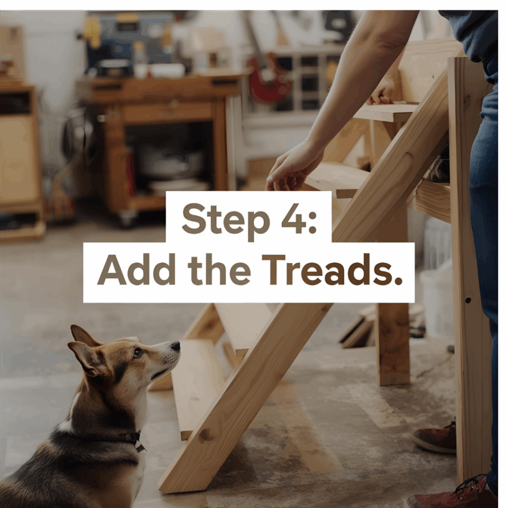 Woodworker screwing treads onto dog stairs while dog watches