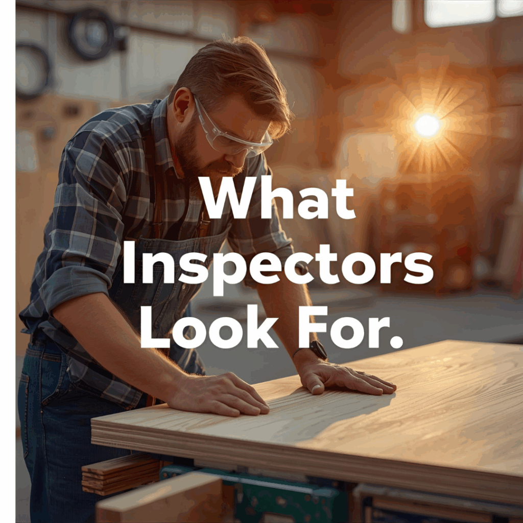 Inspector examining plywood surface for smoothness, knots, and sanding marks under bright shop light.