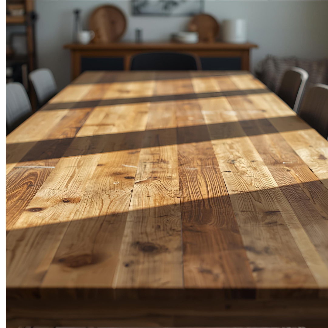 Wooden table with visible white water rings and scratches before cleaning.