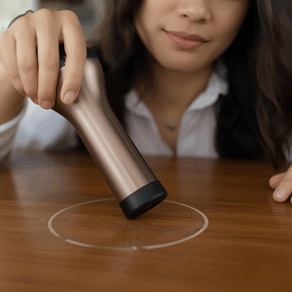 Hand using hair dryer over white water ring mark on wood table.