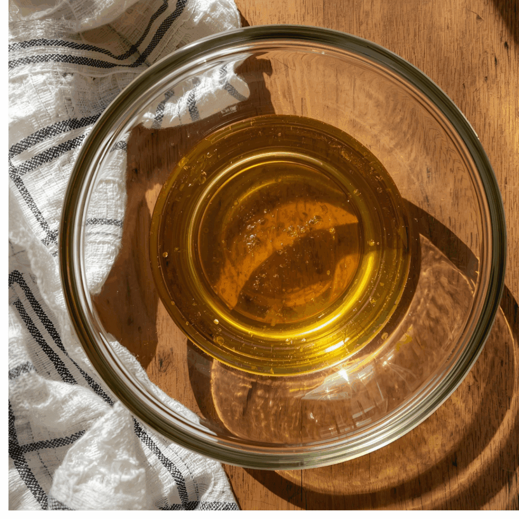 Small glass bowl of vinegar and olive oil mixture with soft cloth beside it on wood table.