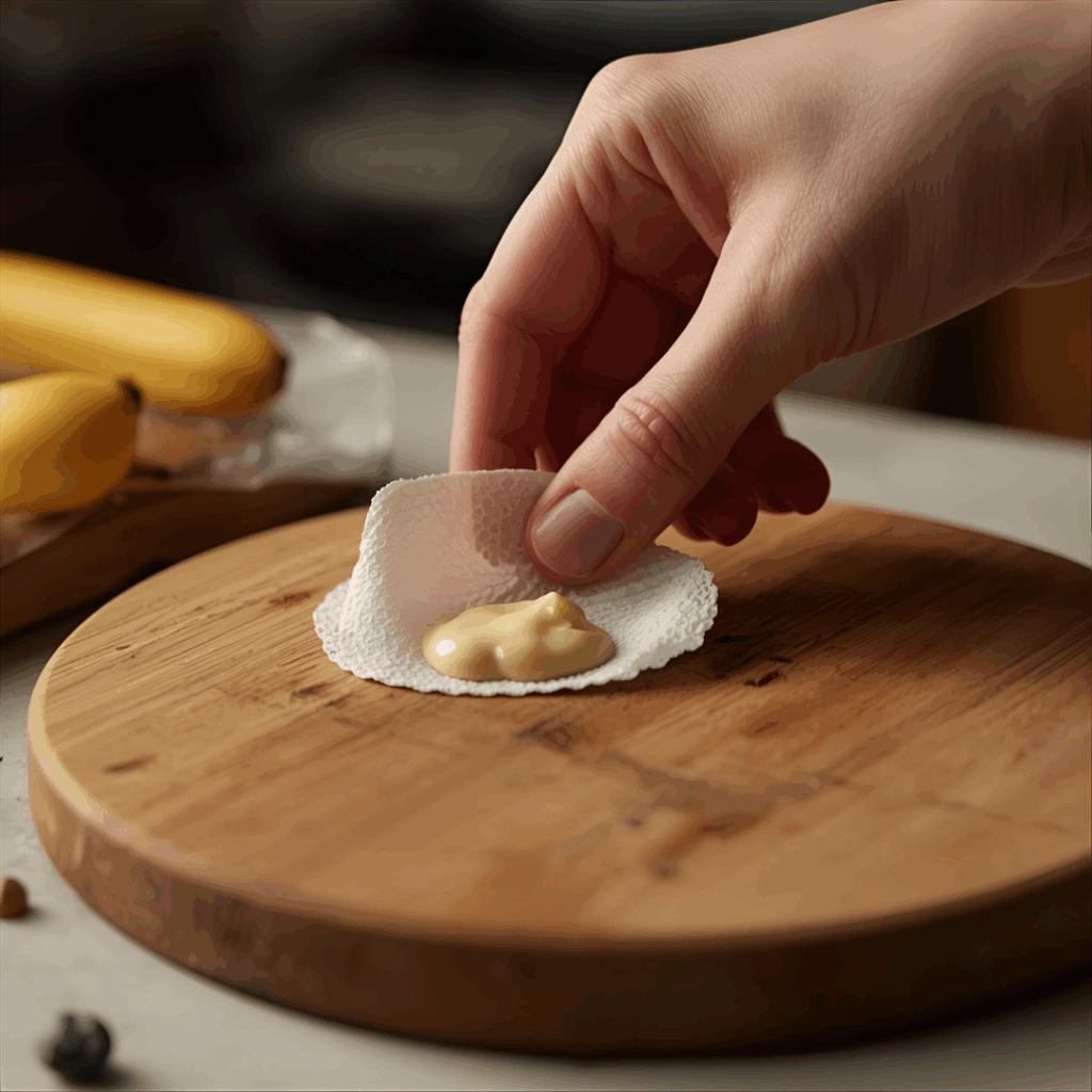 Applying mayonnaise to white ring mark on a wooden dining table.
