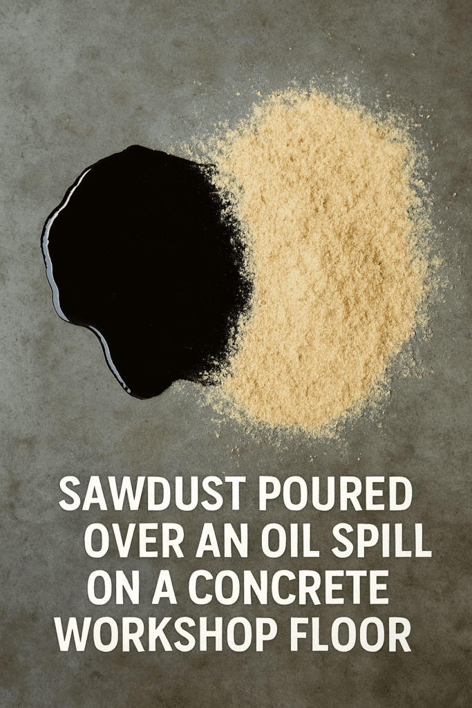 Sawdust poured over an oil spill on a concrete workshop floor.