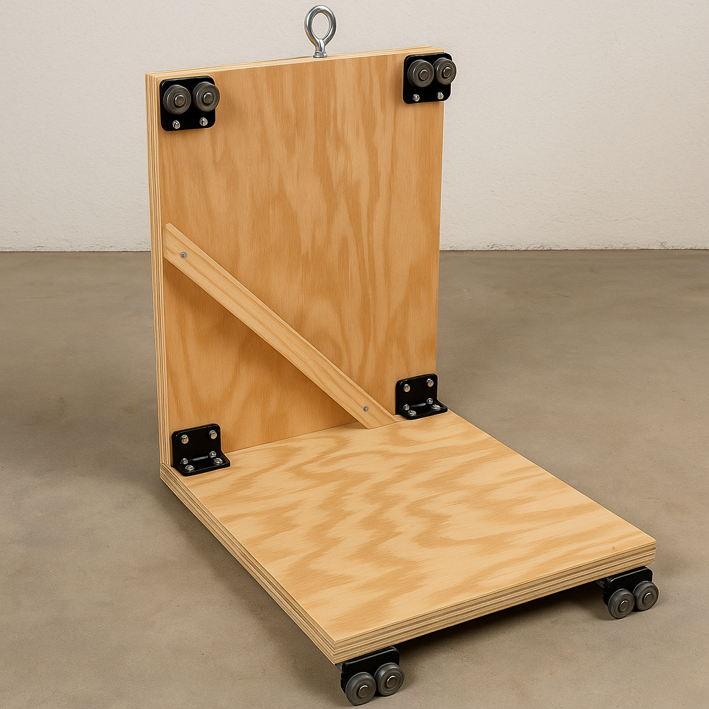 DIY attic lift plywood platform reinforced with diagonal support.