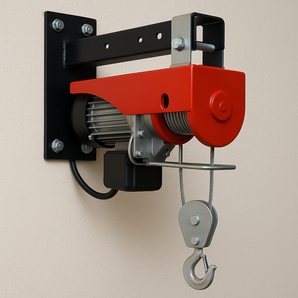 Electric wire-rope hoist secured to wall bracket for attic lift system.