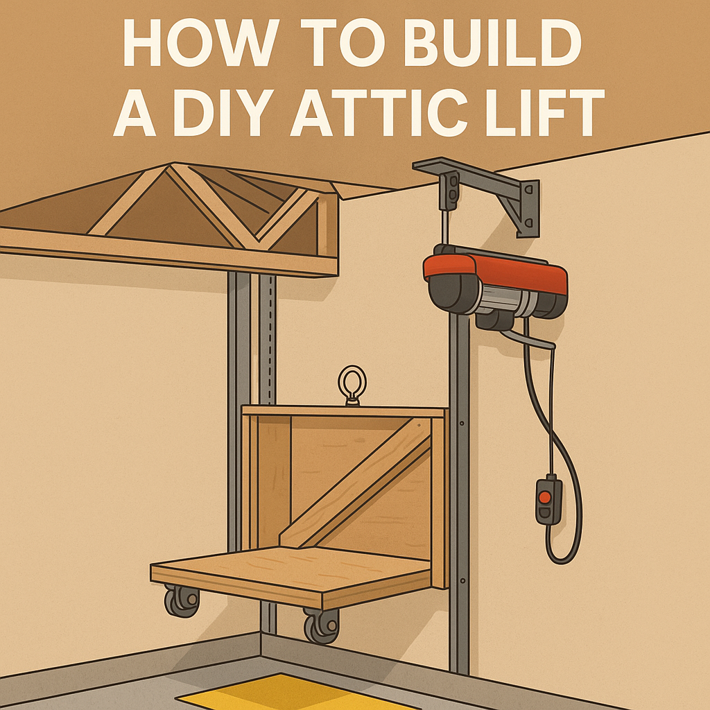 DIY attic lift system inside a garage showing a plywood platform on Unistrut rails, an electric hoist mounted to the wall, and a yellow safety zone painted below.
