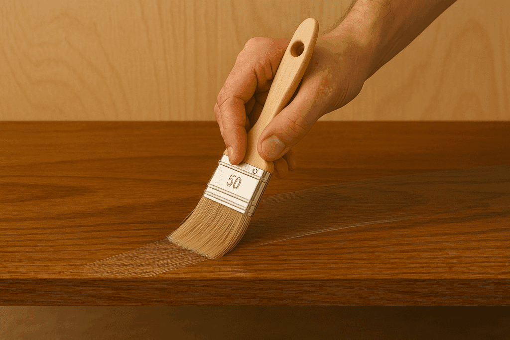 Brushing a clear topcoat on wood to protect the stained surface.
