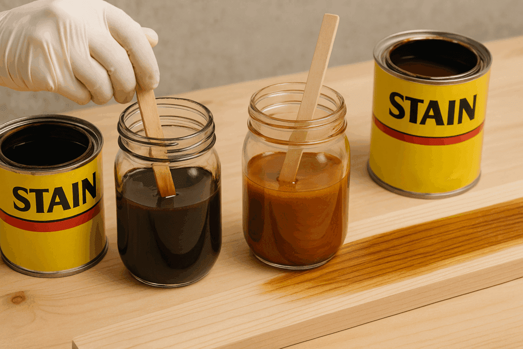 Mixing two wood stain colors in separate jars to achieve a custom tone.