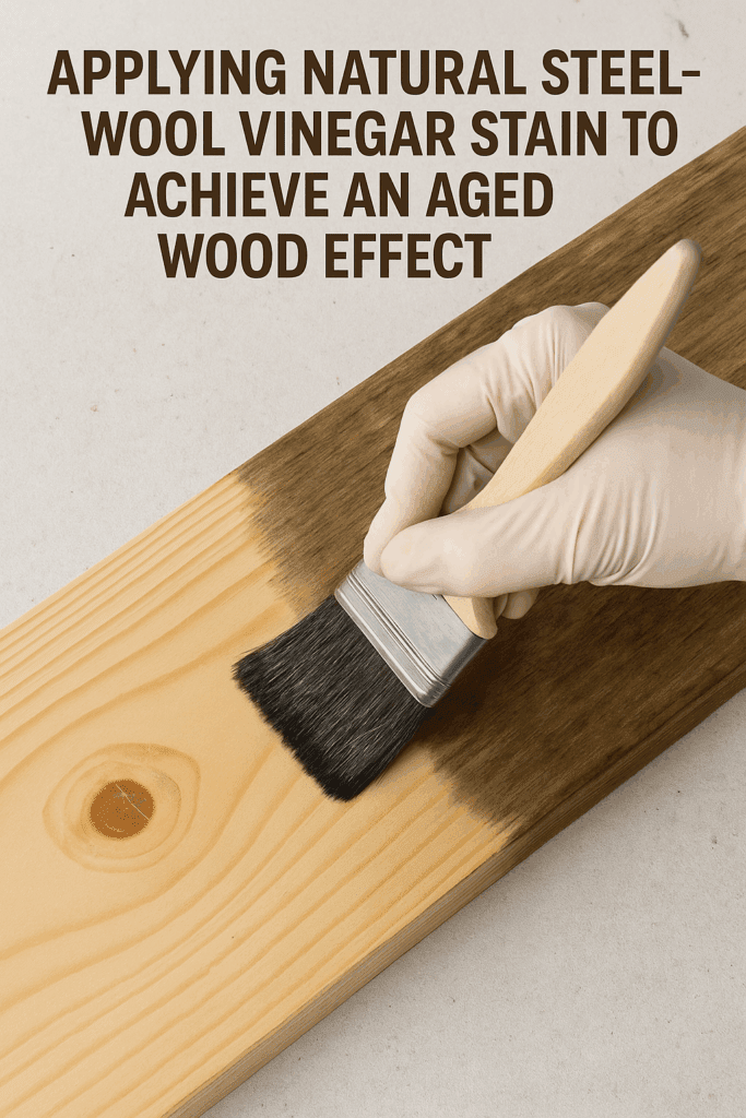 Applying natural steel-wool vinegar stain to achieve an aged wood effect.