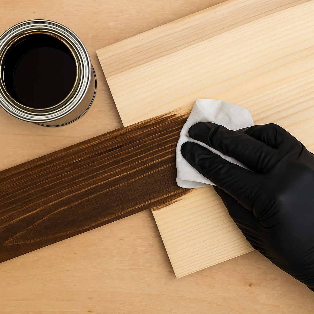 Close-up of a person staining an oak board with dark walnut stain using a rag in a warm-lit workshop.