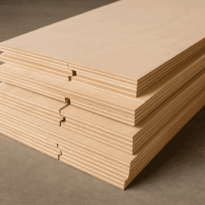 Stack of tongue and groove plywood panels with interlocking edges for flooring and construction use. Caption: Close-up of tongue and groove plywood sheets ready for installation.