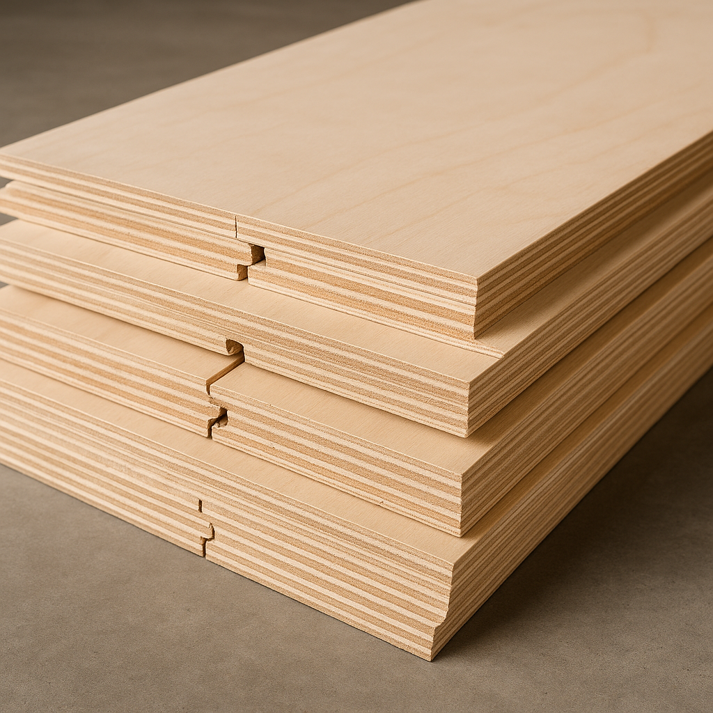 Stack of tongue and groove plywood panels with interlocking edges for flooring and construction use. Caption: Close-up of tongue and groove plywood sheets ready for installation.
