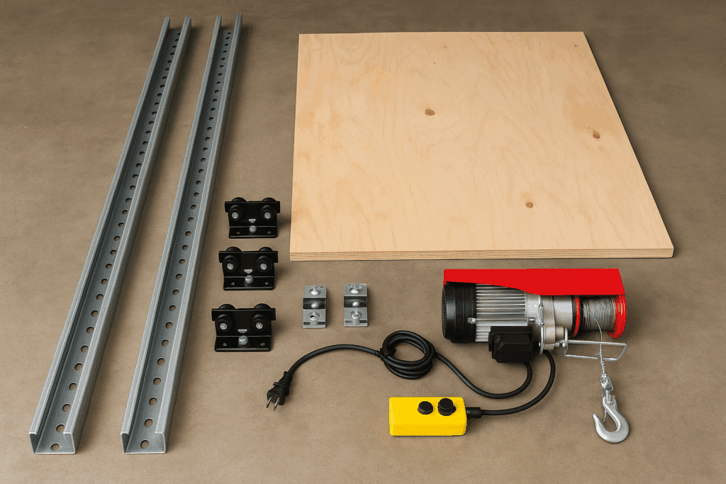  Garage attic lift materials, including Unistrut rails and electric hoist.