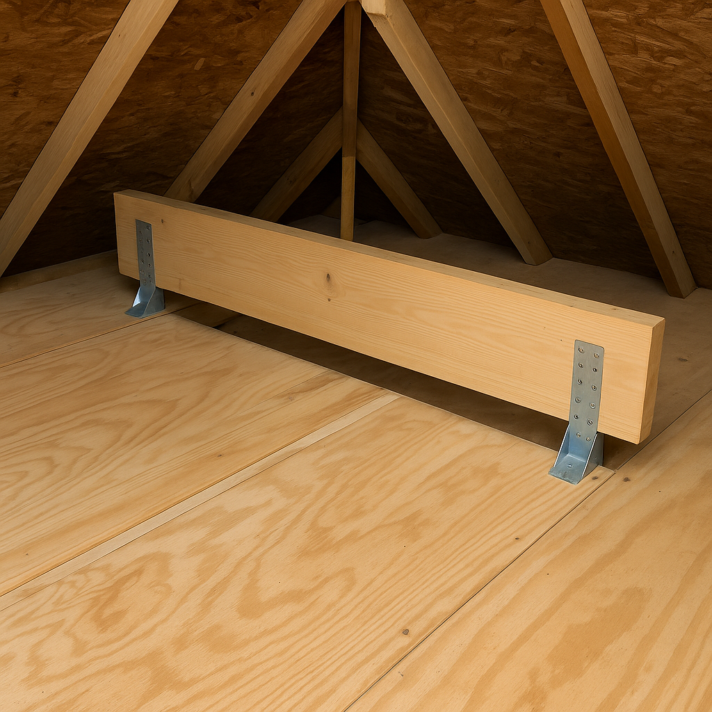 Reinforced attic floor with double header and joist hangers.