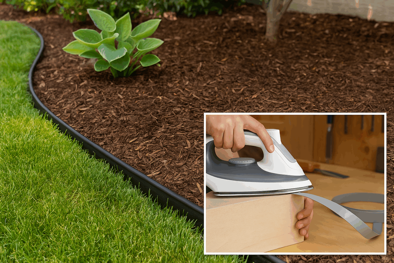“Plastic edging used to create a clean garden border and smooth plywood edge in a DIY project.”