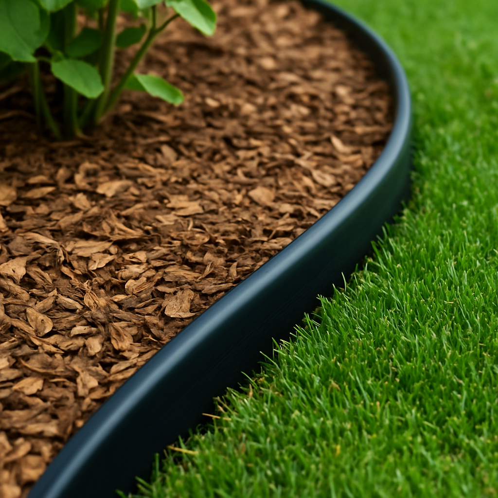 “Black flexible plastic edging forming a clean border between mulch and grass.”