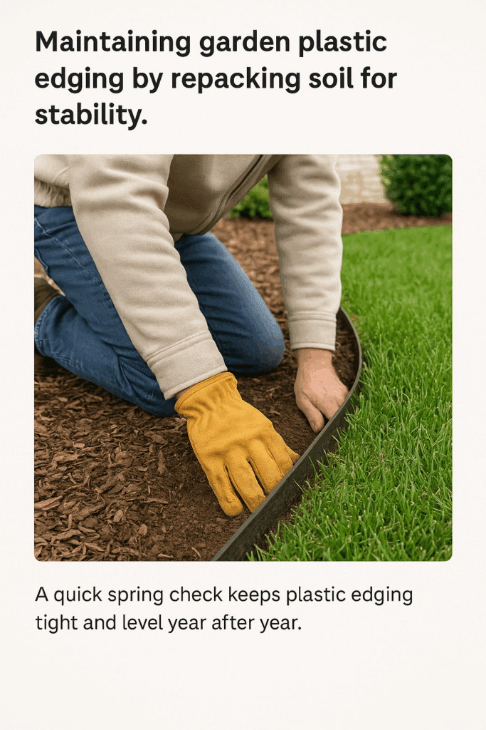 Maintaining garden plastic edging by repacking soil for stability.”