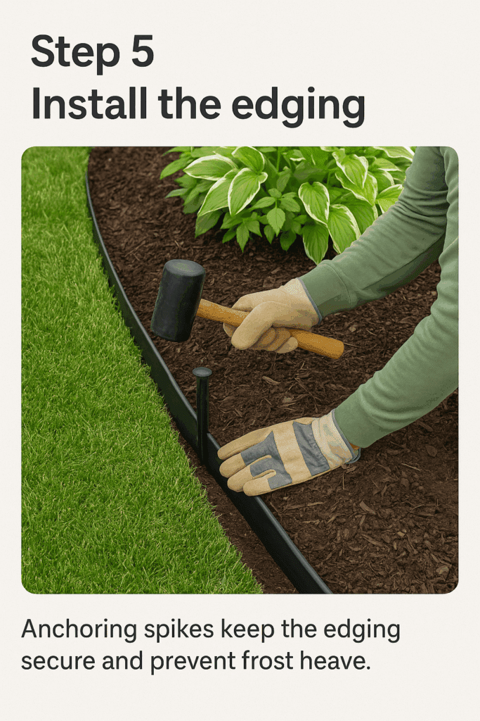 “Installing black plastic garden edging along a curved flower bed.”