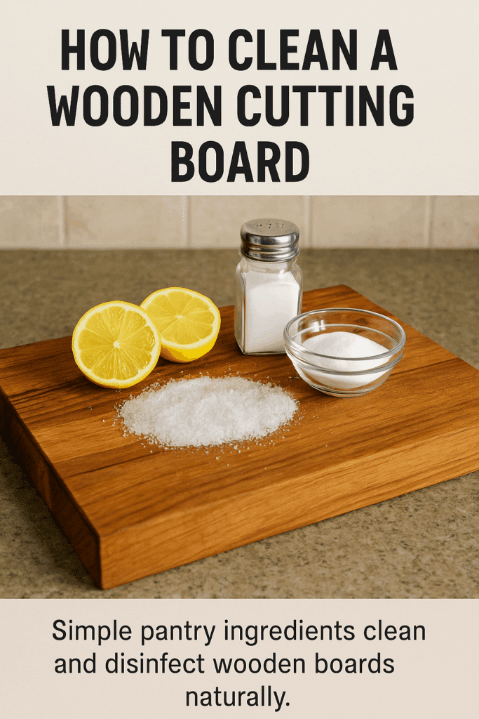 “Natural cleaners for wooden cutting board—lemon, salt, and baking soda.”